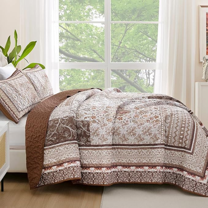 WONGS BEDDING Brown Quilt Set Queen Size, Bobo Floral Bedspread Coverlet Set - Image 3