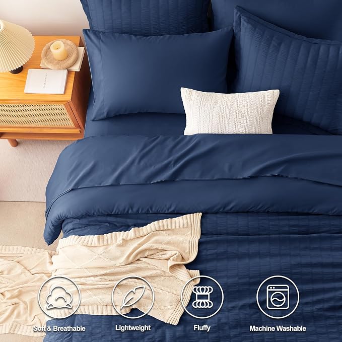 CozyLux Queen Comforter Set Navy Blue Seersucker 7 Pieces Bed in a Bag Queen - Image 2