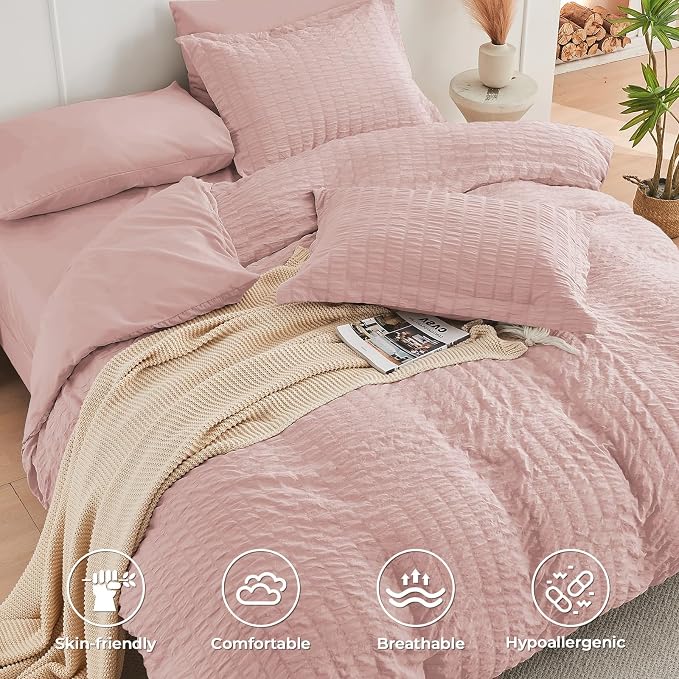 HYMOKEGE Rose Gold Full Size Comforter Sets Seersucker 7 Pieces, All Season - Image 3