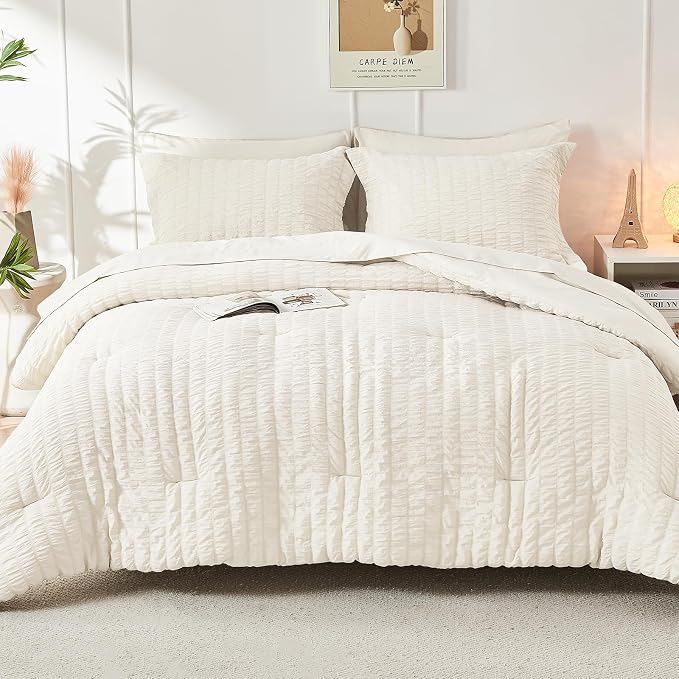 HYMOKEGE Ivory Oversized King Comforter Set Seersucker 7 Pieces, All Season - Image 8