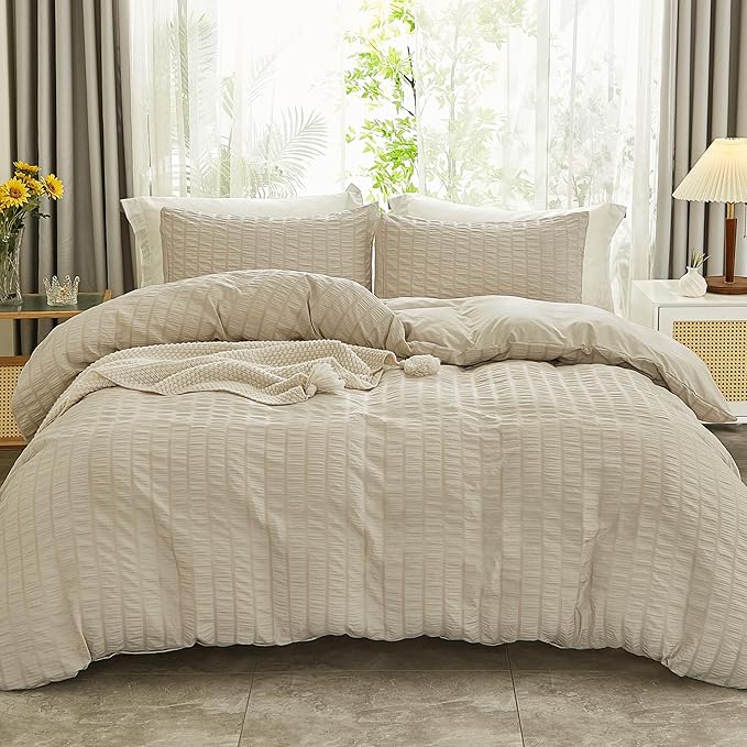 AveLom Beige Seersucker Duvet Cover Set Full Size, 3 Pieces, Ultra Soft Washed by AveLom