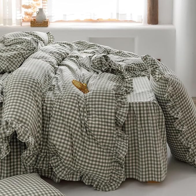 mixinni Green Gingham Ruffle Duvet Cover Queen Size 3 Pieces – 100% Washed - Image 6