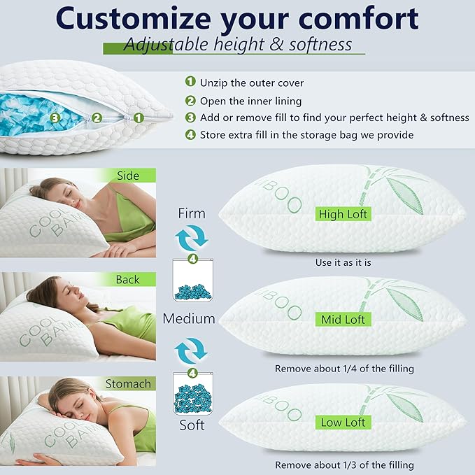 Cooling Pillows, Shredded Memory Foam Pillows King Size Set of 2 Adjustable - Image 3
