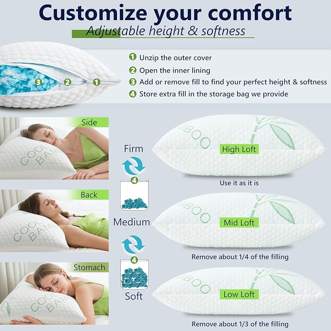 Memory Foam Pillows, Cooling Pillows Queen Size Set of 2 Adjustable Firm Bamboo - Image 3