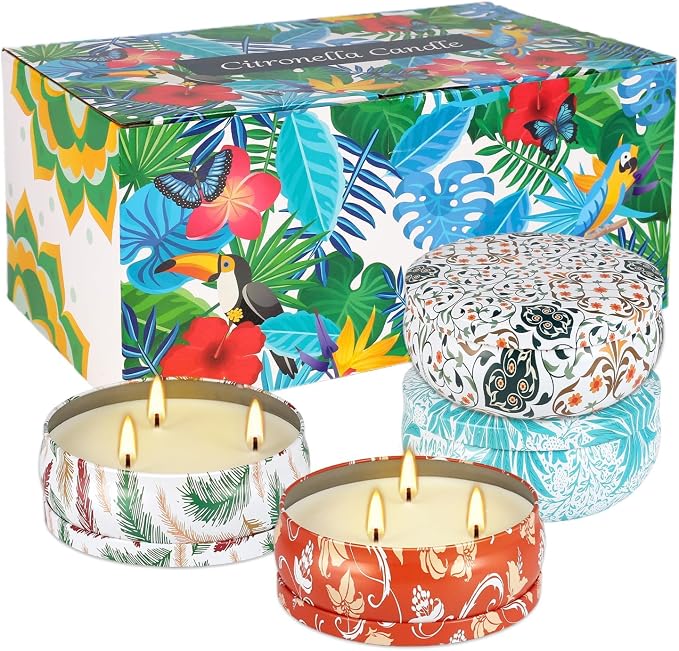 4-Pack Citronella Candle Set in Decorative Tropical Flower Tin Boxes - Image 9