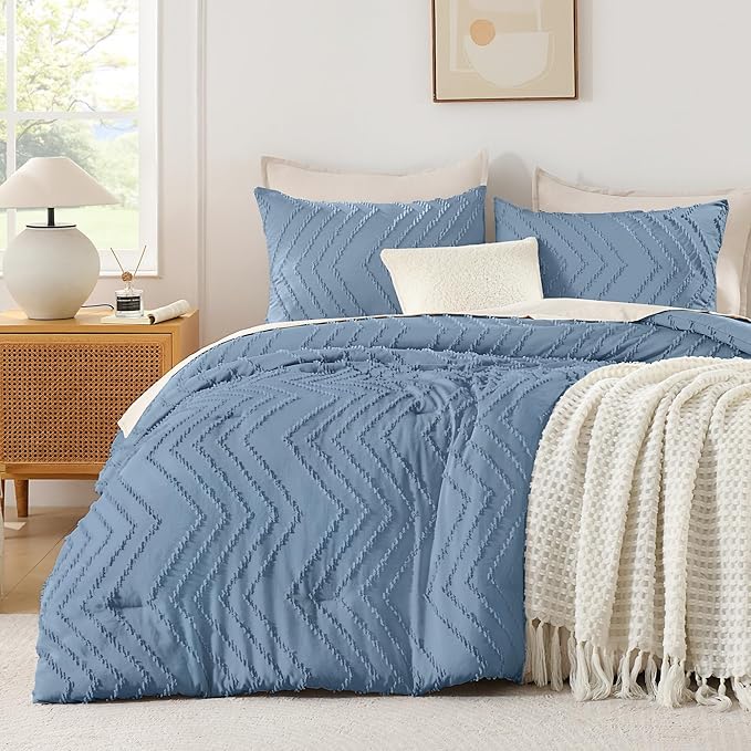Andency Greyish Blue Comforter Set Full Size, Boho Soft Warm Tufted Bedding by Andency