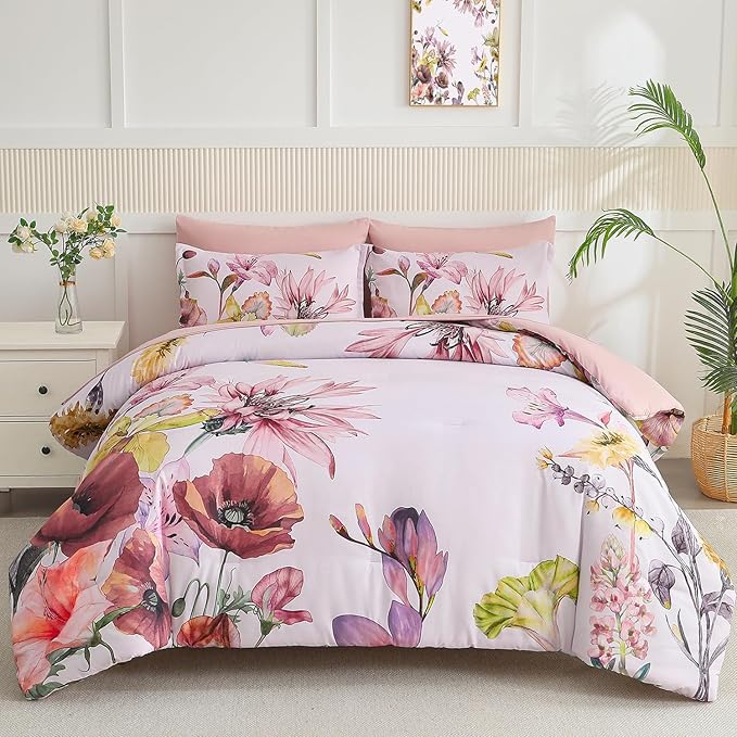 Yogeneg Queen Comforter Set 7 Piece Bed in a Bag, Elegant Floral Botanical by YOGENEG