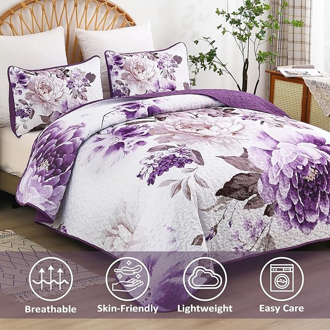 WONGS BEDDING Floral Quilt Set Purple Full, Quilted Printed Lightweight - Image 3