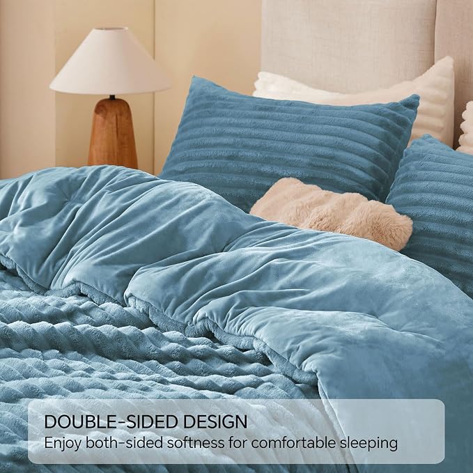 BEDELITE Fleece King Comforter Set -Super Soft & Warm Fluffy Blue Fog Bedding - Image 5