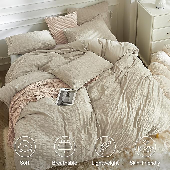 JELLYMONI Light Khaki Duvet Cover King Size, Soft Breathable Seersucker Duvet - Image 2