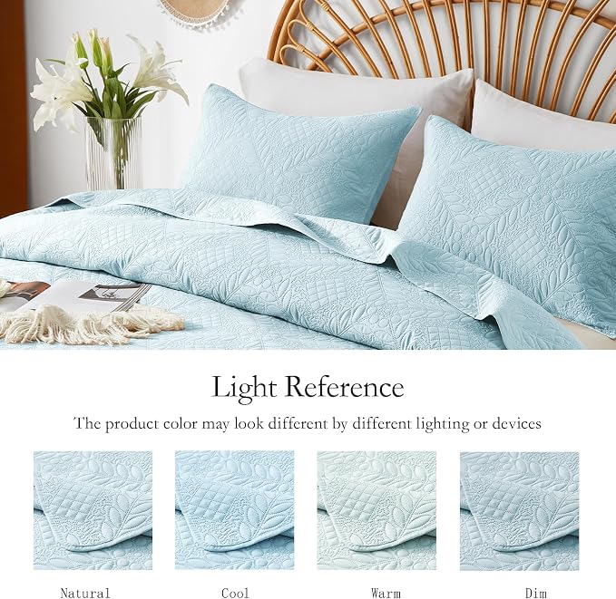 FLYMME Quilt King Size, Lightweight Sky Blue Bedspreads, Vintage Olive Leaf - Image 5