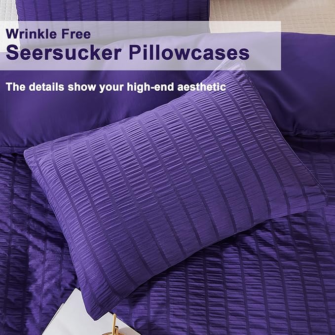 AveLom Dark Purple Duvet Cover King, 3 Pieces, Seersucker Striped Soft Washed - Image 6