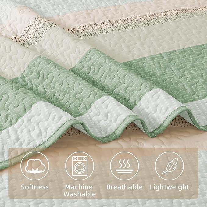 Andency Queen Quilt Bedding Set Mint Pink, 3 Pieces Patchwork Summer Striped - Image 5