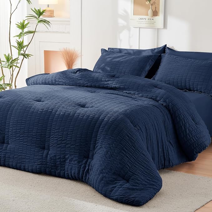 HYMOKEGE Navy Blue Oversized King Comforter Set Seersucker 7 Pieces, All Season - Image 8