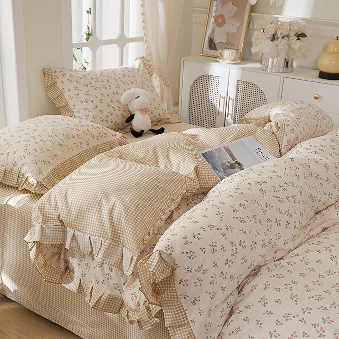 mixinni Beige Floral Duvet Cover Twin Size, 100% Cotton Cute Strawberry Floral - Image 4
