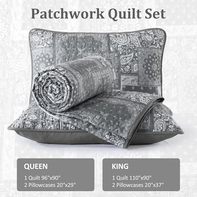 Cottolester Grey Quilt Set Queen Size, 3 Pieces Boho Patchwork Paisley Quilt Set - Image 6