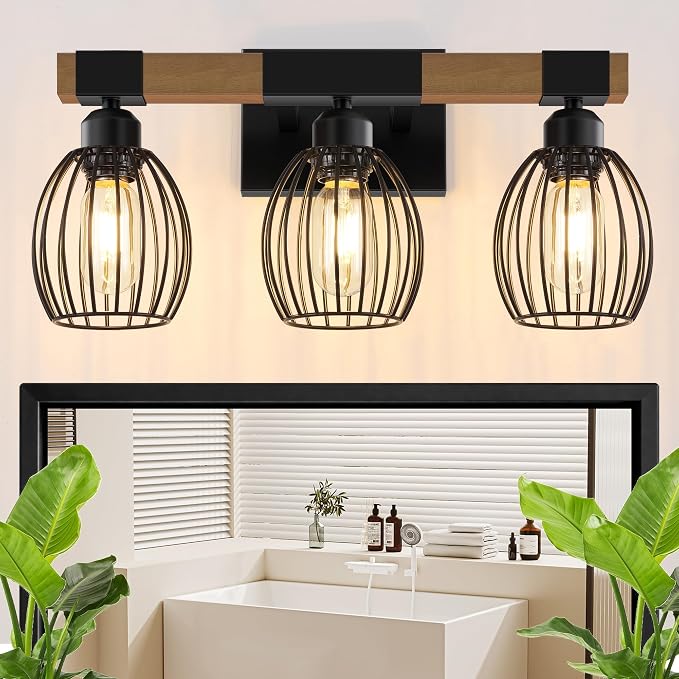 3-Light Farmhouse Bathroom Vanity Light Fixtures, Rustic Wood Bathroom Light by Unknown