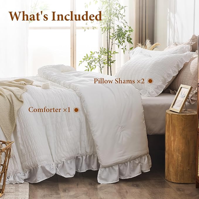 JOLLYVOGUE White Comforters Queen Size, 3 Pieces Ruffle Seersucker Queen - Image 7