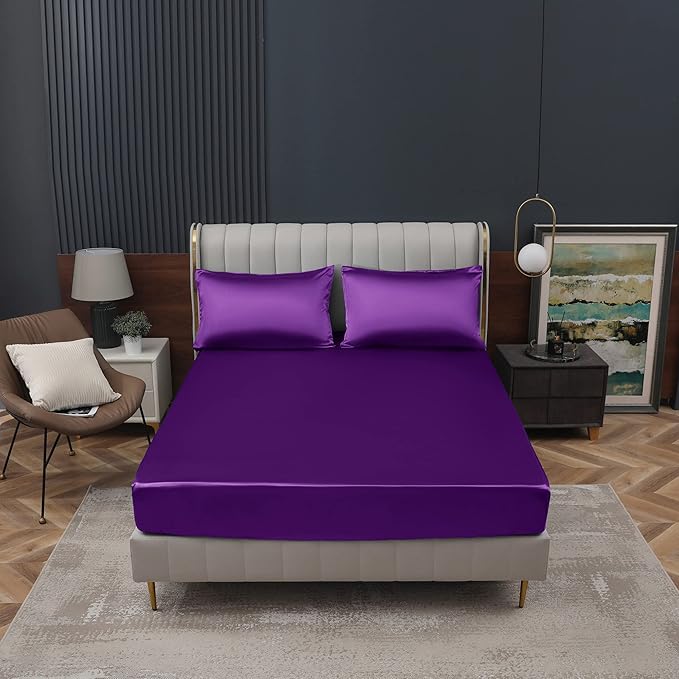 Homiest Purple Satin Fitted Sheet Queen Size, Deep Pocket, Luxury & Ultra Soft - Image 2