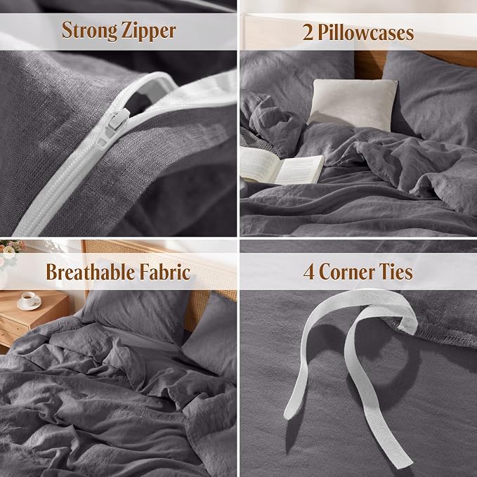 LBRO2M 100% France Linen Duvet Cover Set Queen Size 3 Pcs Natural Flax - Image 5