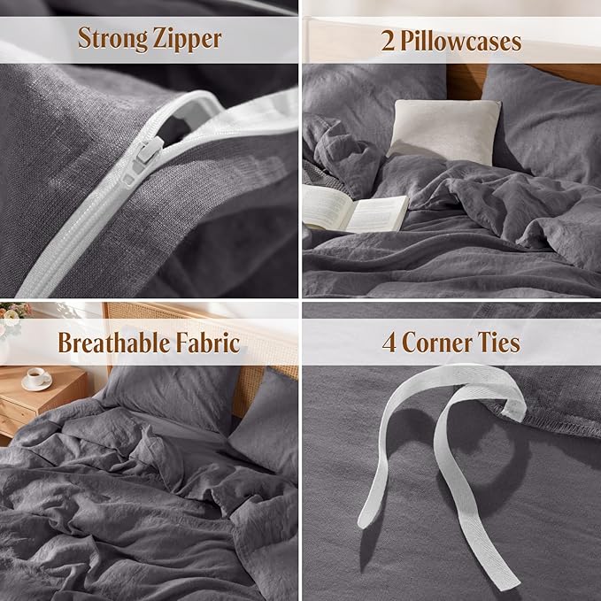 LBRO2M 100% France Linen Duvet Cover Set Cal King Size 3 Pcs Natural Flax - Image 5