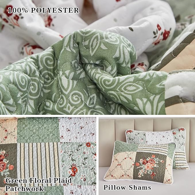 Patchwork Quilt Set Twin Size, 2 Pieces Green White Floral Plaid Design Summer - Image 5