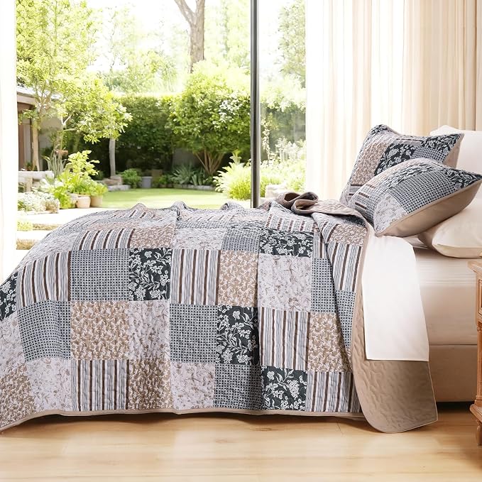 Mybedsoul Patchwork Quilt Set King Size, 3 Pieces Blue Brown Floral Plaid - Image 3