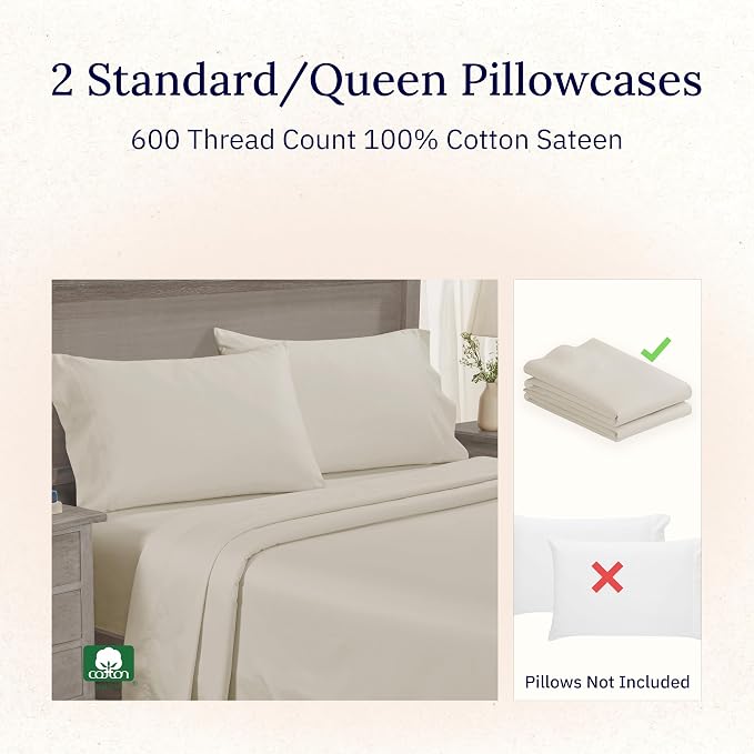Luxuriously Soft Premium 600 Thread Count, 100% Cotton Set of 2 Cases, Crisp - Image 4