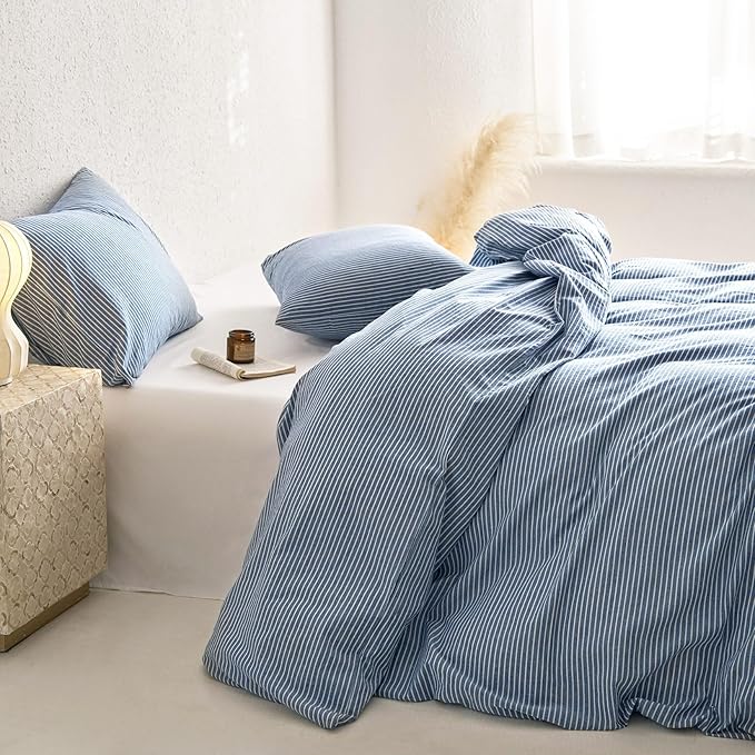 Wake In Cloud - Striped Cotton Duvet Cover Set, 100% Washed Cotton Textured - Image 5