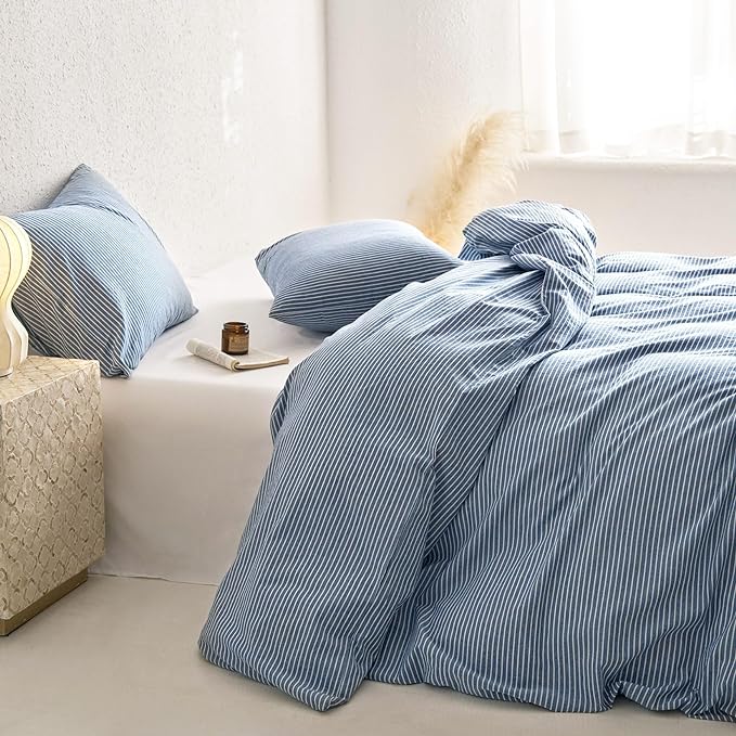Wake In Cloud - Striped Cotton Duvet Cover Set, 100% Washed Cotton Textured - Image 5