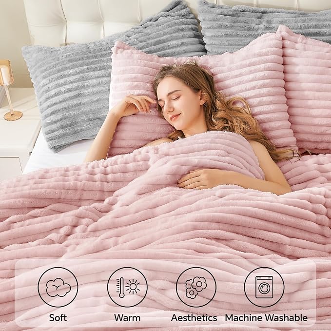 BEDELITE Fleece Full Comforter Set -Super Soft & Warm Fluffy Pink Bedding - Image 3