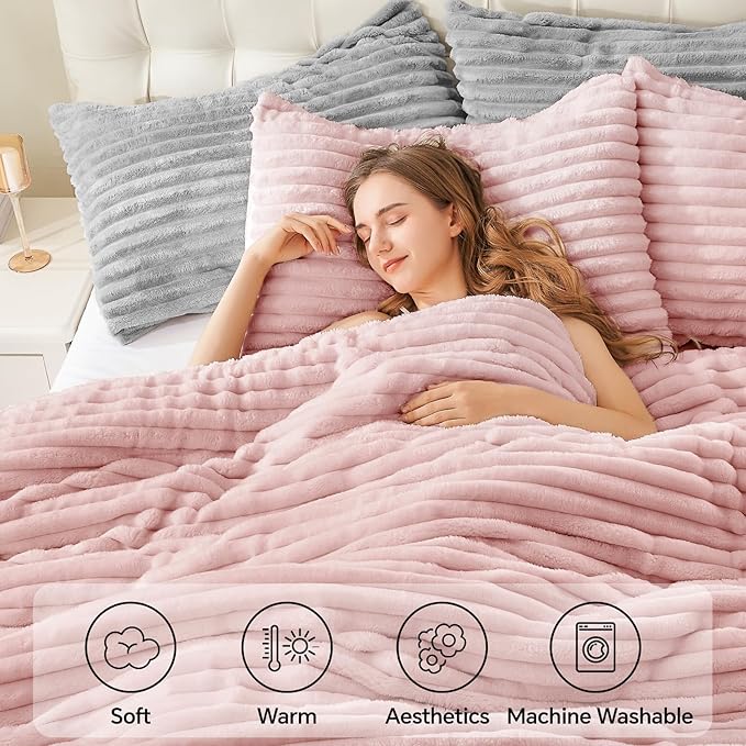 BEDELITE Fleece King Comforter Set -Super Soft & Warm Fluffy Pink Bedding - Image 3