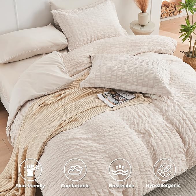 HYMOKEGE Beige Oversized King Comforter Set Seersucker 7 Pieces, All Season - Image 4