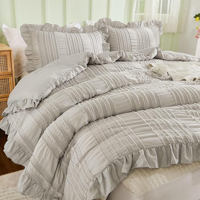 WONGS BEDDING Grey Textured Comforter Set King, 3 Pieces Ruffle Farmhouse - Image 5