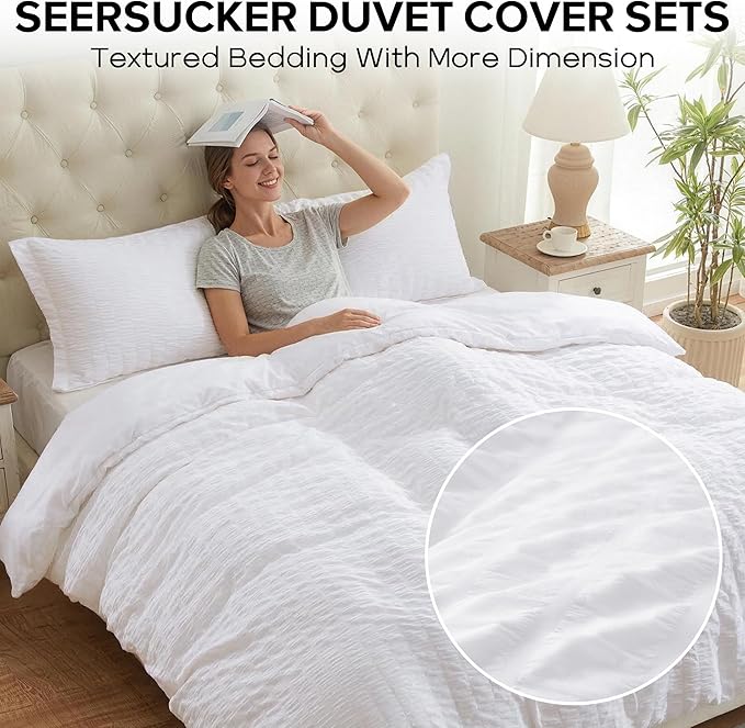 Cozyide White King Size, 3 Pieces Bedding, Soft Breathable Seersucker Duvet - Image 2