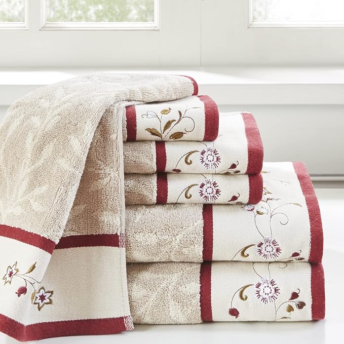 Madison Park Serene 100% Cotton Bath Towel Set Luxurious Floral Decorative - Image 2