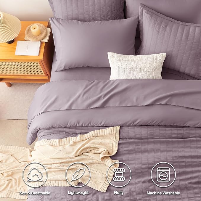 CozyLux King Size Comforter Set Dusty Purple Seersucker 7 Pieces Bed in a Bag - Image 2