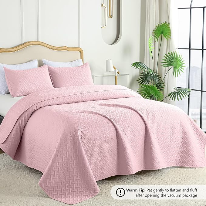 FLYMME Queen Quilt Bedding Set Pink Lightweight Bedspreads Full Size, Soft - Image 2