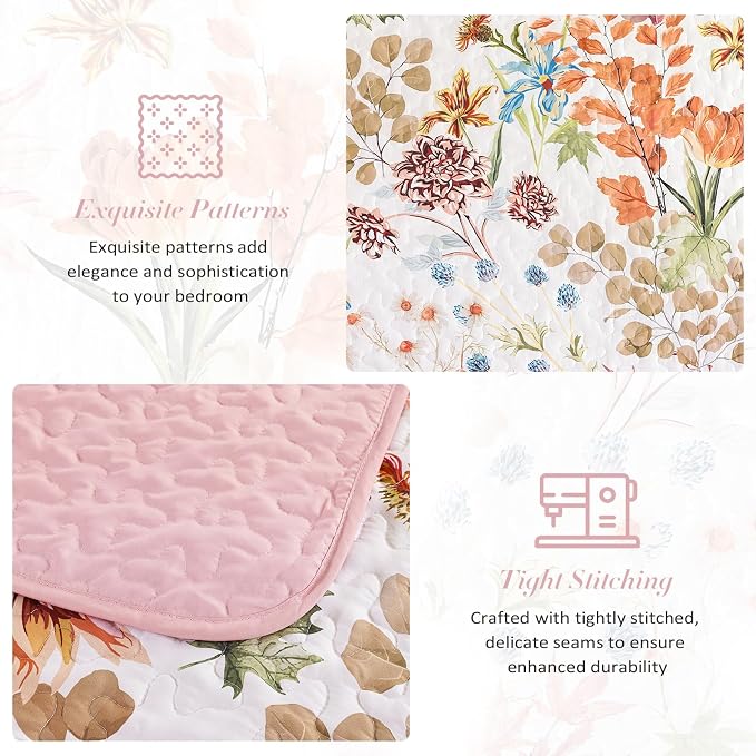 Yiran Pink Floral Quilts Queen Size, Sunflower Botanical Bedspread Bedding Set - Image 7