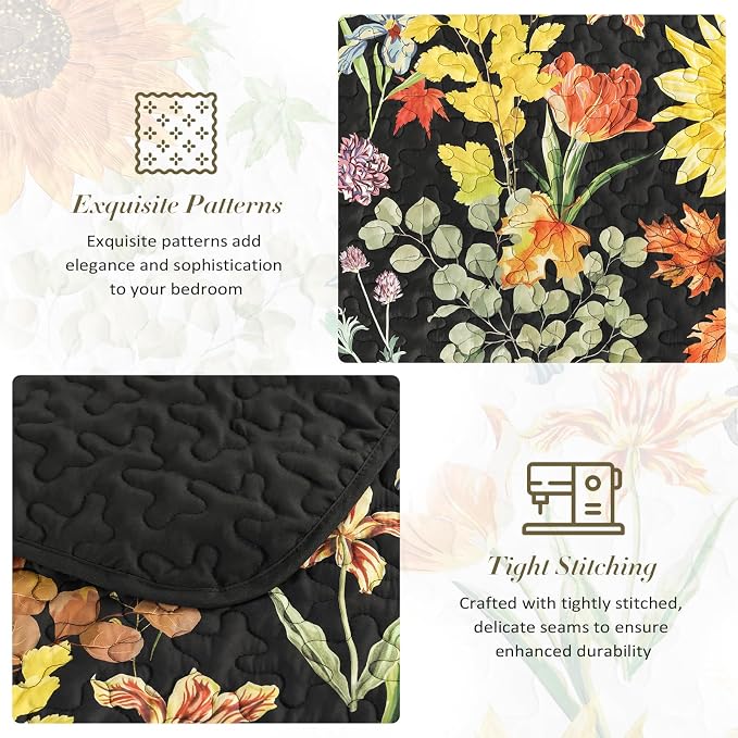 Yiran California King Quilt Set Black, Sunflower Floral Colorful Bedspreads - Image 7