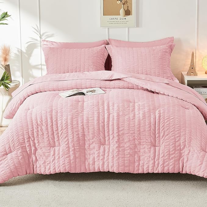 HYMOKEGE Pink Full Size Comforter Sets Seersucker 7 Pieces, All Season Luxury - Image 9