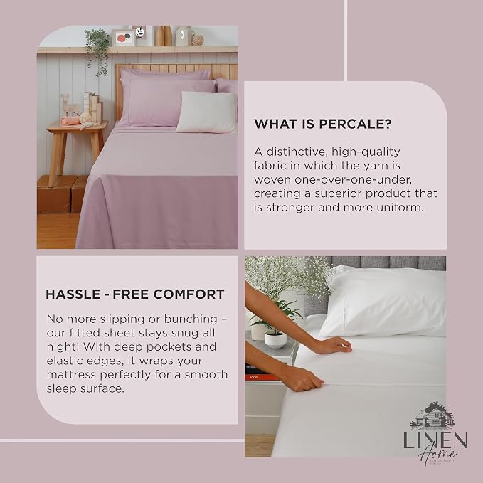 Linen Home 100% Cotton Percale Weave Fitted Sheet, Twin Size, Mauve Lavender - Image 4