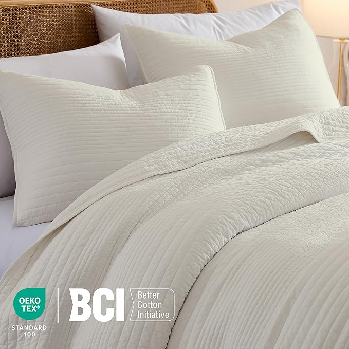 palassio Striped Beige 100% Cotton Quilt Queen Size Bedding Sets, Lightweight - Image 3