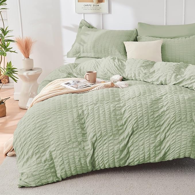 HYMOKEGE Light Green Full Size Comforter Sets Seersucker 7 Pieces, All Season - Image 2