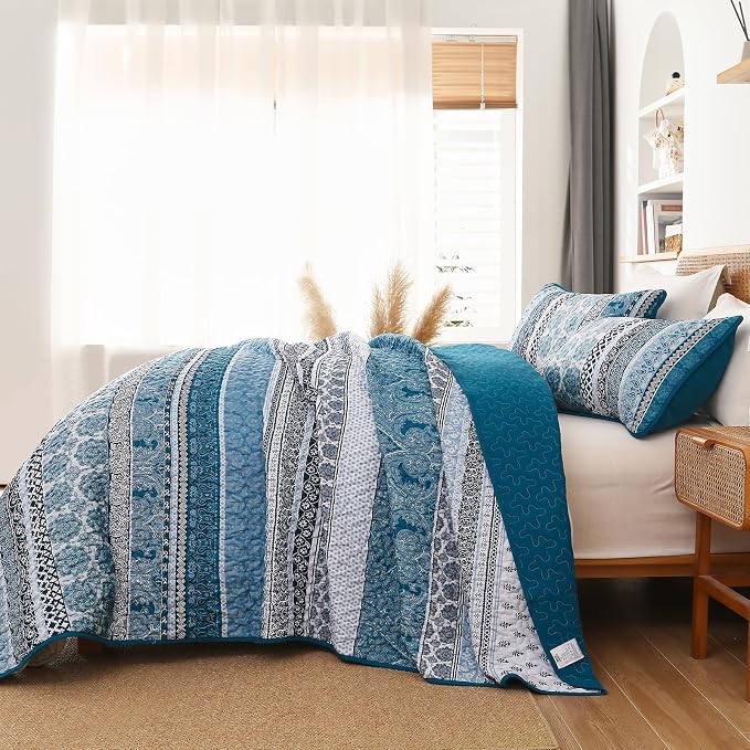 WONGS BEDDING Boho Quilt Set Queen Size, Teal Blue Bohemian 3 Pieces Quilt Sets - Image 4