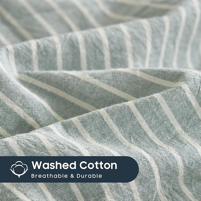 Wake In Cloud - Striped Cotton Duvet Cover Set, 100% Washed Cotton Textured - Image 6