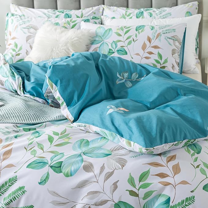 FADFAY Botanical Duvet Cover Sets Full Size 100% Cotton Teal Green Leaves - Image 9