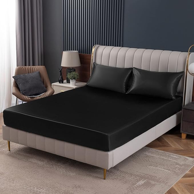 Homiest Black Satin Fitted Sheet King Size, Deep Pocket, Luxury & Ultra Soft by Homiest