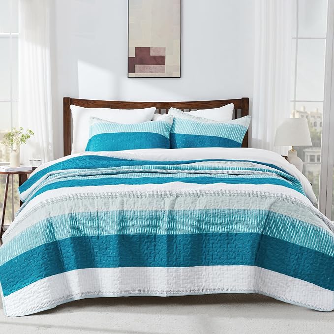 Andency Teal White Quilt Queen, 3 Pieces Patchwork Bedspread Coverlet Set - Image 8