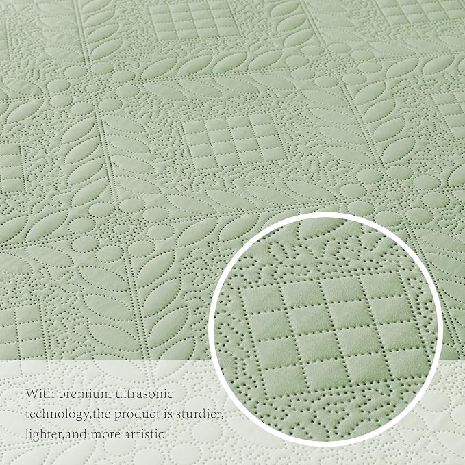 FLYMME Twin Quilt Set, Sage Green Lightweight Bedspreads, Vintage Olive Leaf - Image 6